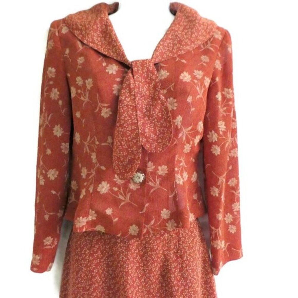 Vintage Skirt Set Mixed Floral Print Academia Tie Sepia Lined Zip Skirt Vent S